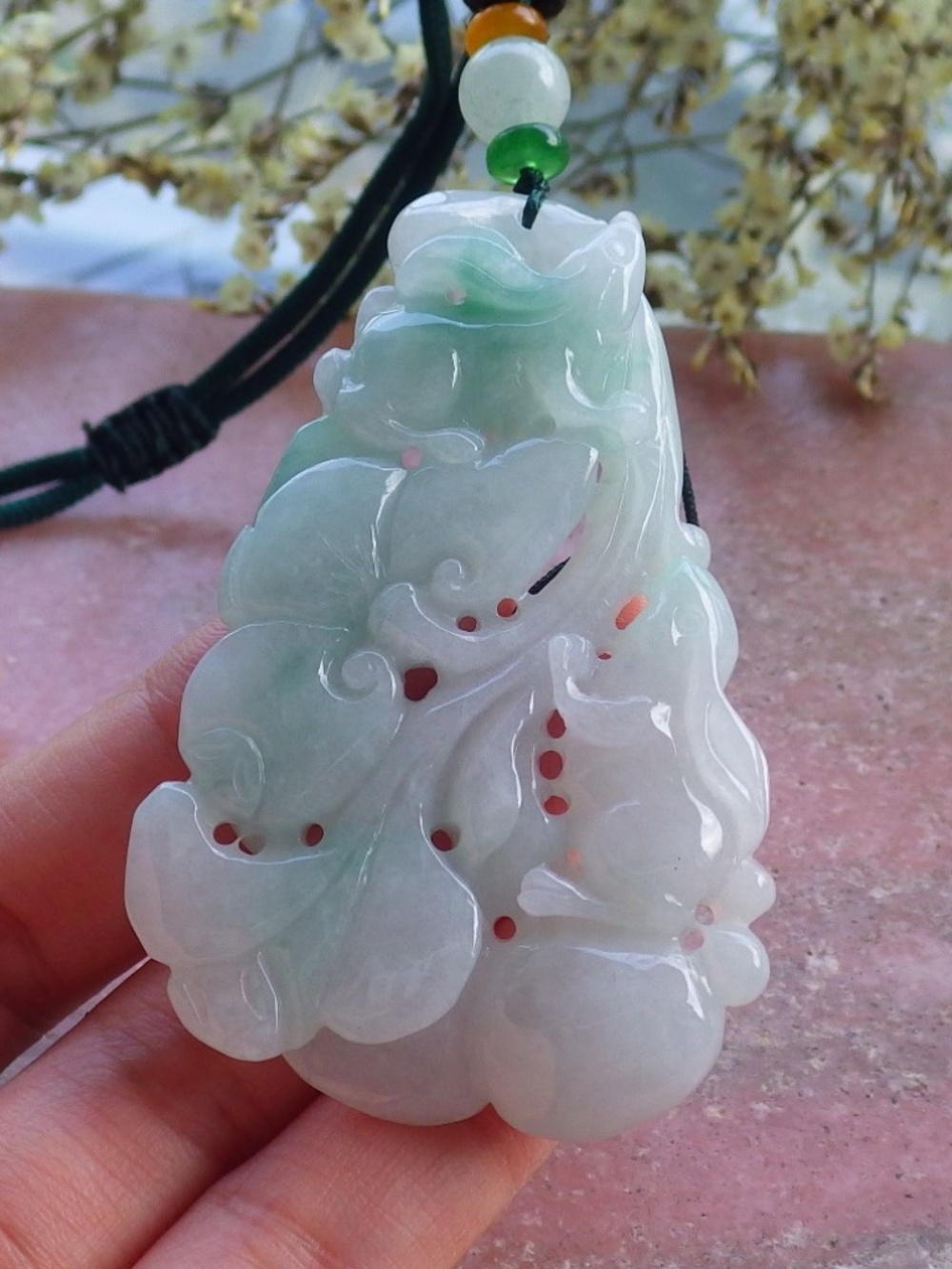 Certified Natural A Jade jadeite Zodiac Rabbit Lotus Flower Pendant Necklace